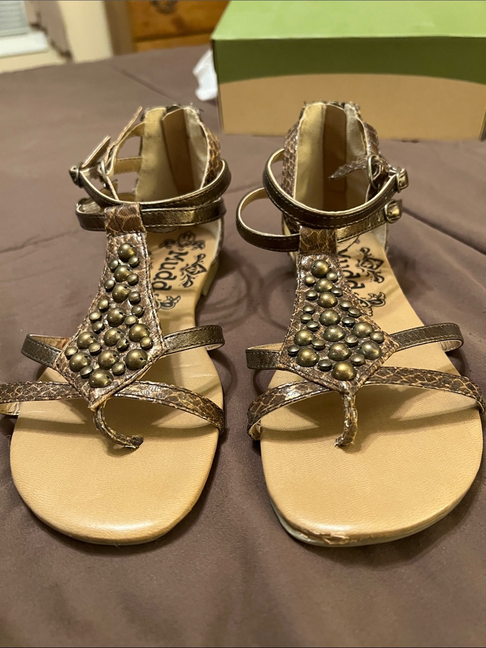 Mudd Women’s Bronze T-Strap Studded Sandals - Brown